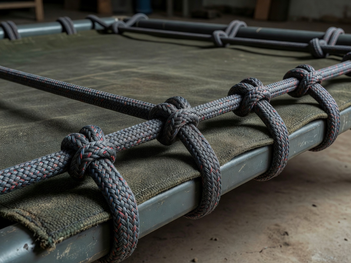 Close-up of thick woven bungee cords attaching a mat to a frame