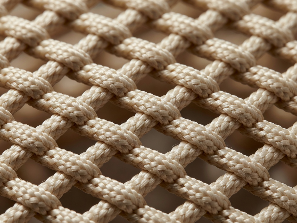 Macro detail of woven bungee cord texture on a champagne colored rebounder
