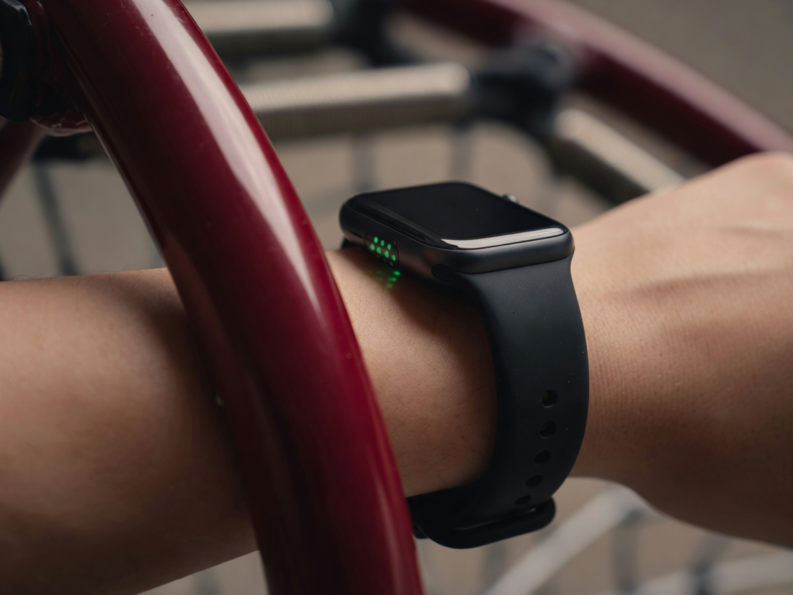 Detail shot of a fitness smart watch on a wrist resting against a burgundy rebounder frame