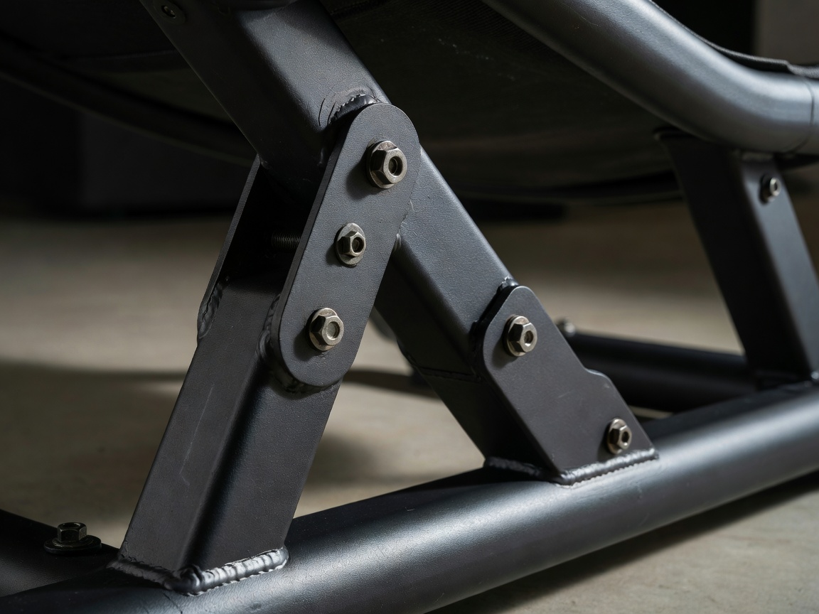Detail shot of a robust steel leg joint on a premium rebounder