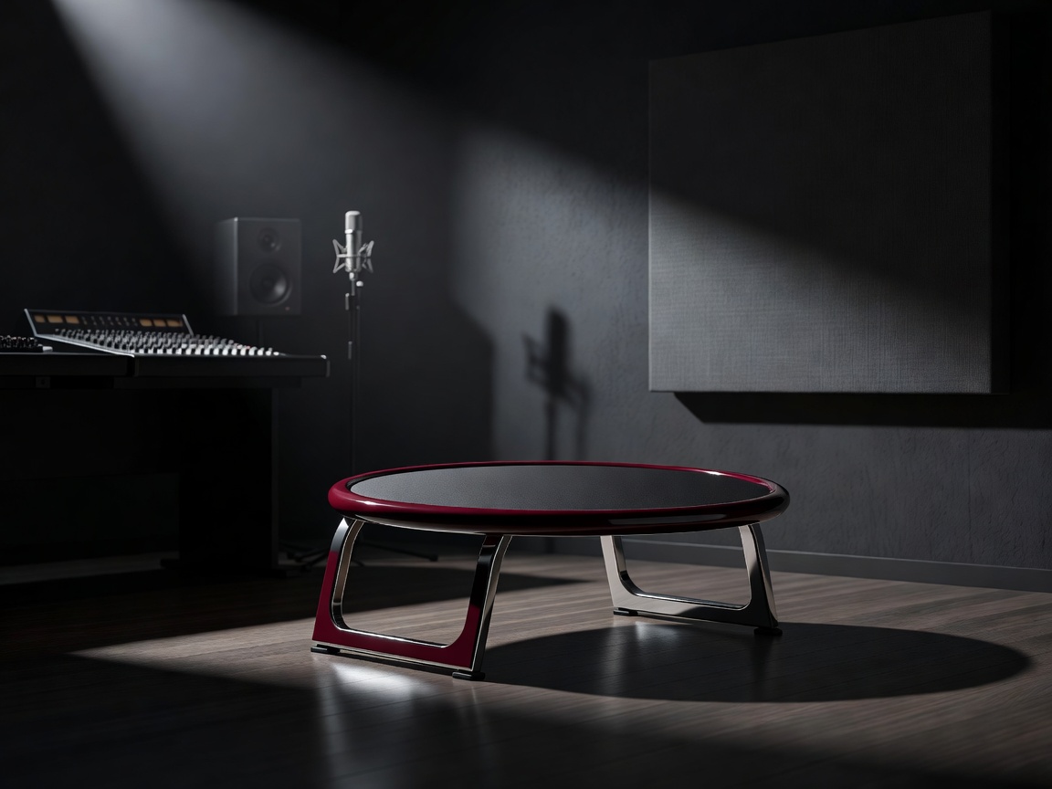 A sleek burgundy rebounder sitting in a dramatically lit, sophisticated home studio space
