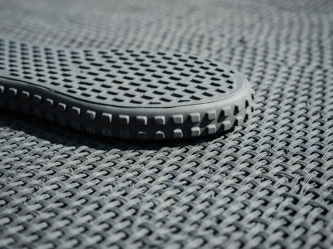 Macro detail of a flat-soled sneaker resting on a tightly woven rebounder mat