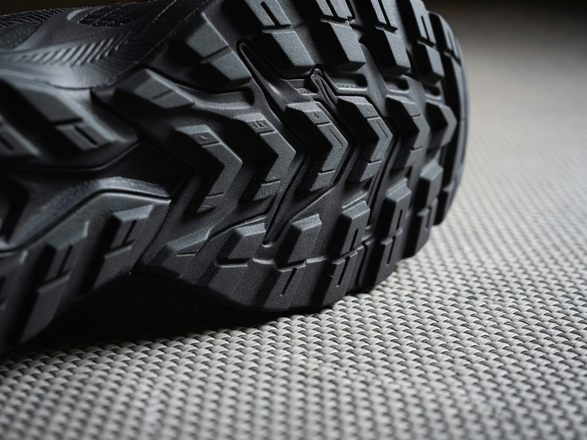 Macro shot of a high-grip sneaker tread on a tight rebounder mat