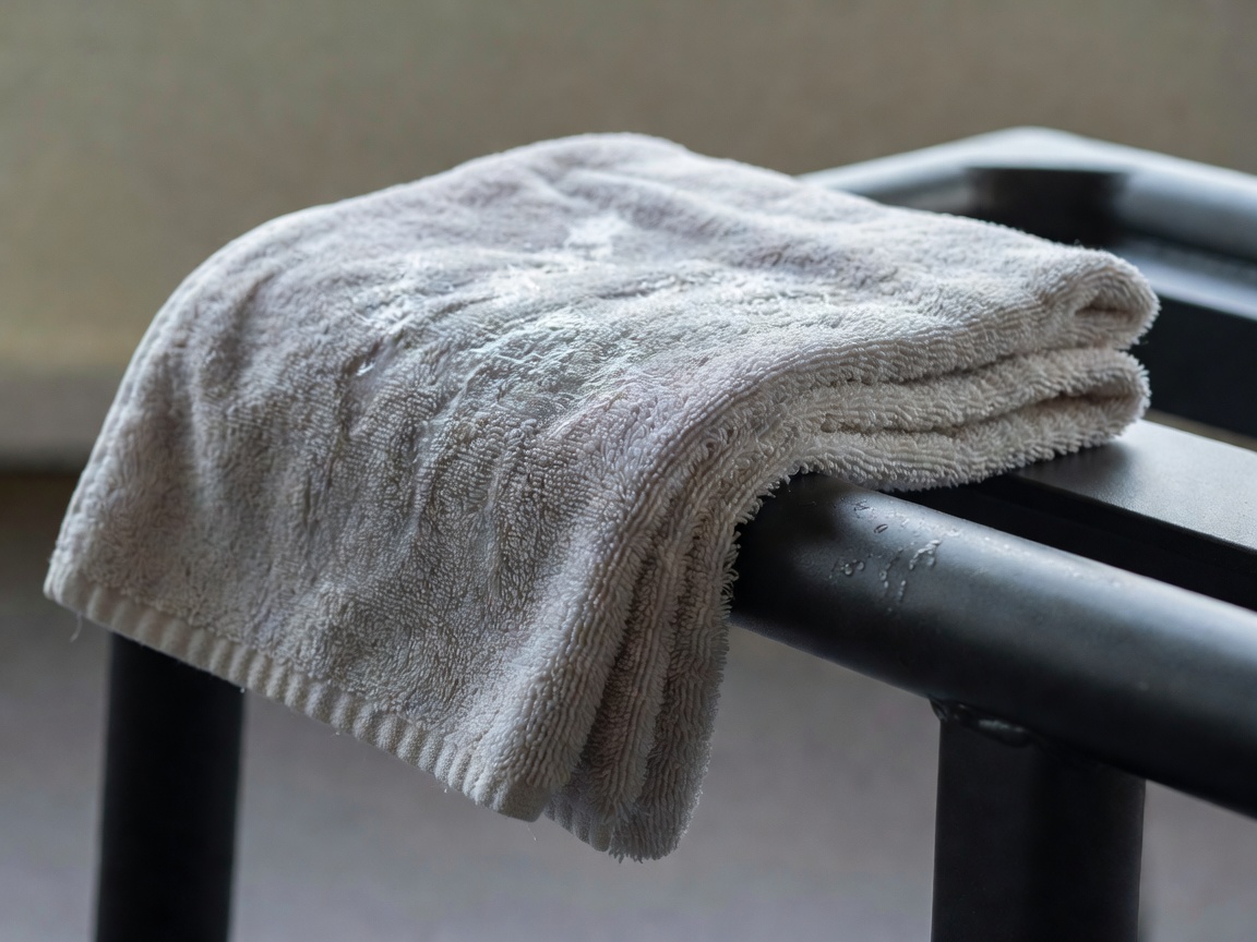Detail of a folded athletic towel resting on the edge of a rebounder frame