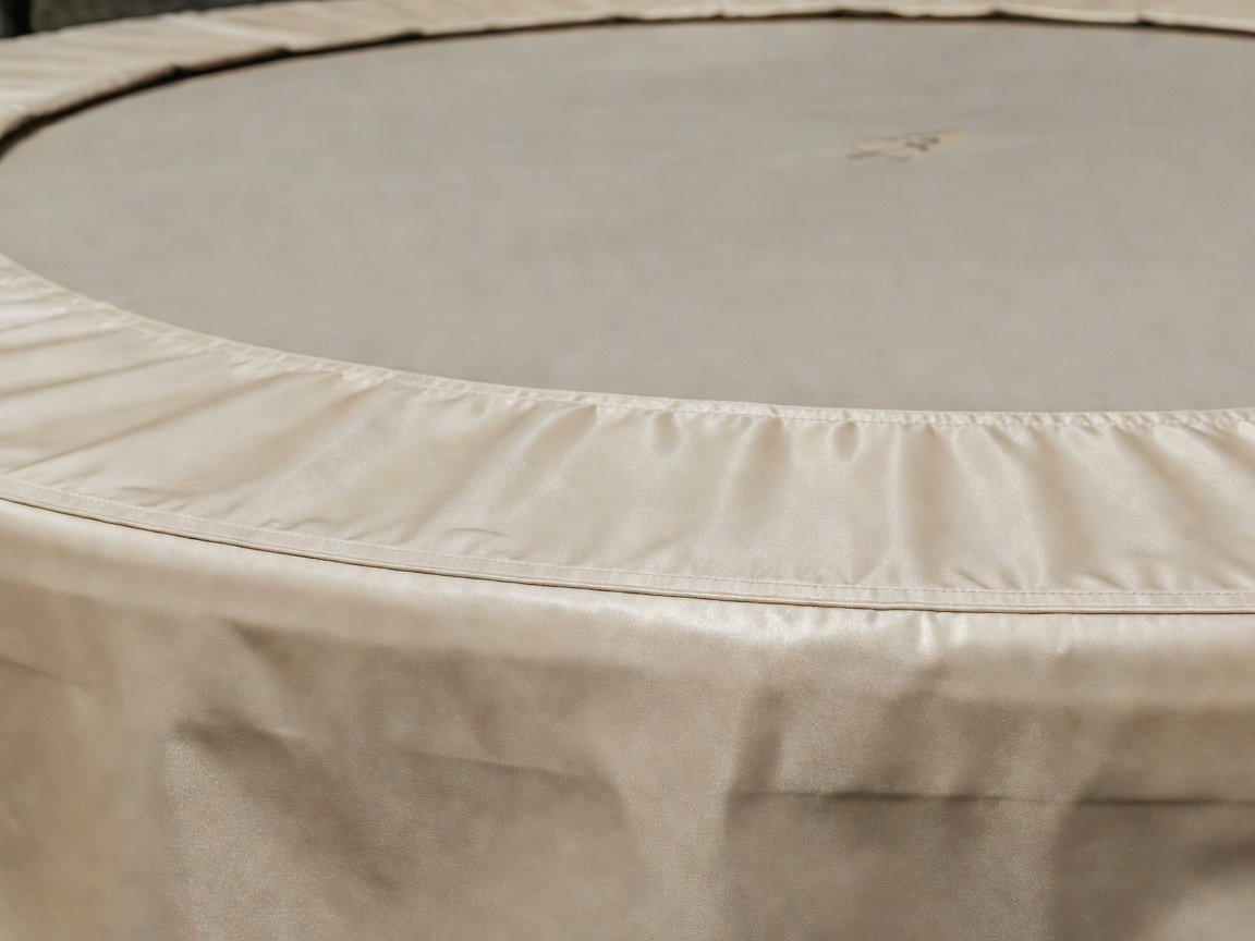 Detail of a champagne colored safety skirt covering the springs of a rebounder